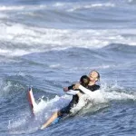 David Beckham and his oldest son, Brooklyn boogie boarding