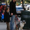 Paul Bettany and his son Stellan made their way home with the family dog in New York City, New York on October 23, 2011.