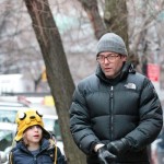 Matthew Broderick taking his son James to school on a cold morning in New York CIty