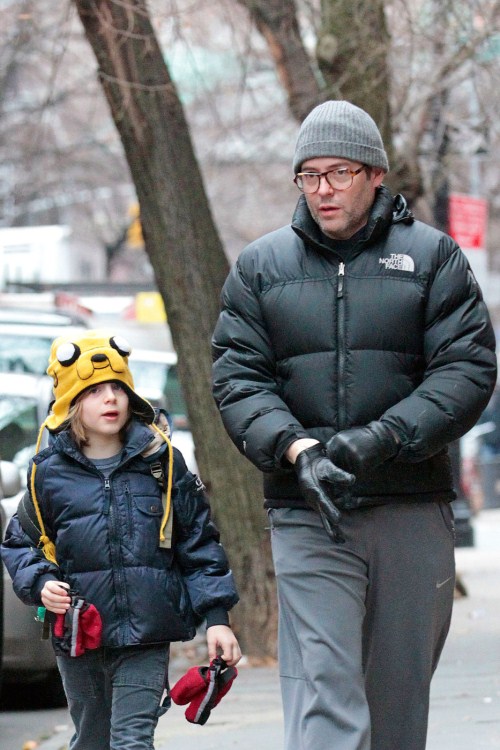Matthew Broderick taking his son James to school on a cold morning in New York CIty