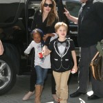 Angelina Jolie arrives at LAX Airport with her daughters Shiloh and Zahara to catch a flight out out town on March 12, 2012 in Los Angeles, CA.