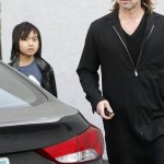 Actor Brad Pitt and son Maddox Jolie-Pitt buying a guitar and an amplifier at Guitar Center in Hollywood, CA on March 1, 2012