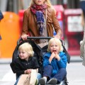 Naomi Watts takes her two boys Alexander and Samuel for a walk in the stroller in NYC, New York on May 3rd, 2012. The boys enjoyed themselves as they made funny faces at each other.