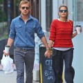 Couple Ryan Gosling and Eva Mendes hold hands after grabbing lunch in New York City, New York on May 10, 2012.
