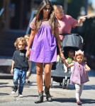 Model Camila Alves takes her two kids Levi and Vida McConaughey out for brunch in New York City, New York on August 29, 2012.