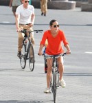 Jennifer Connelly and husband Paul Bettany out for a bike ride with their children Stellan and Agnes in New York City, New York on August 29, 2012.