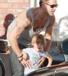 'Total Recall' actor Colin Farrell takes his son Henry out for an ice cream cone at Baskin-Robbins in Los Angeles, California on August 20, 2012. Afterwards they stop at a local newsstand and Colin buys Henry a children's book.