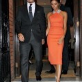 Soccer star David Beckham and his wife Victoria make their exit after attending Simon Fuller's birthday party in London, England on July 9, 2012.