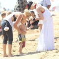 Singer Gwen Stefani and her sons Kingston and Zuma enjoying a day on the beach with friends and family members in Newport Beach, California on August 19, 2012.