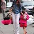 Actress Katie Holmes takes her daughter Suri Cruise to the Make Meaning activity center in New York City, New York on August 20, 2012.