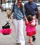 Actress Katie Holmes takes her daughter Suri Cruise to the Make Meaning activity center in New York City, New York on August 20, 2012.