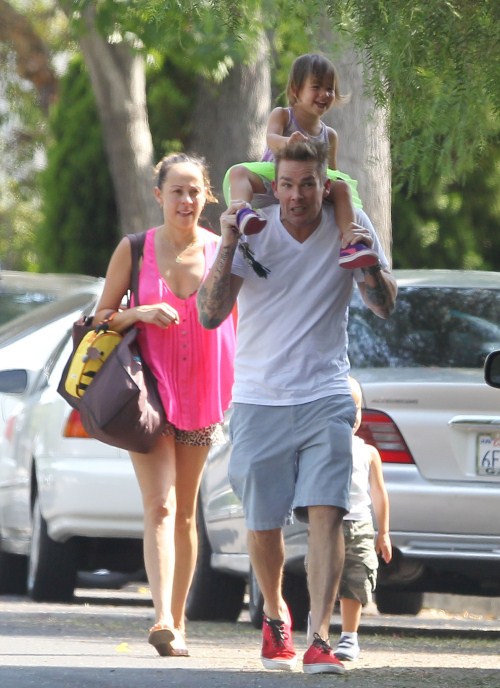 Singer Mark McGrath walked back to the car with his wife Carin Kingsland and their twins Lydon Edward and Hartley Grace after attending a kidÕs party in Los Angeles, California on August 22, 2012.