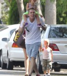 Singer Mark McGrath walked back to the car with his wife Carin Kingsland and their twins Lydon Edward and Hartley Grace after attending a kidÕs party in Los Angeles, California on August 22, 2012.