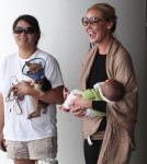 Katherine Heigl, her mom Nancy, husband Josh and new baby Adalaide arriving on a flight at LAX airport in Los Angeles, California on September 6, 2012. The family was met at the airport by her adopted sister Meg Heigl