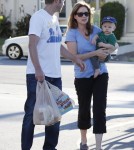 Jenna Fischer and husband Lee Kirk take their son Weston grocery shopping at Ralph's in Los Angeles, California on September 1, 2012.