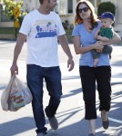 Jenna Fischer and husband Lee Kirk take their son Weston grocery shopping at Ralph's in Los Angeles, California on September 1, 2012.