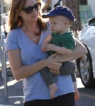 Jenna Fischer and husband Lee Kirk take their son Weston grocery shopping at Ralph's in Los Angeles, California on September 1, 2012.