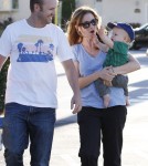 Jenna Fischer and husband Lee Kirk take their son Weston grocery shopping at Ralph's in Los Angeles, California on September 1, 2012.