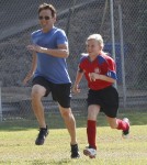 'True Blood' actor Stephen Moyer and his mother take his daughter Lila to her soccer game in Brentwood, California on September 29, 2012.