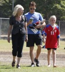 'True Blood' actor Stephen Moyer and his mother take his daughter Lila to her soccer game in Brentwood, California on September 29, 2012.