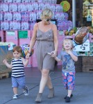 Amy Poehler takes her boys Abel and Archie to get groceries and birthday balloons at Bristol Farms in Beverly Hills CA, on September 1st, 2012.