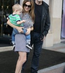 John Travolta and his wife Kelly Preston enjoy lunch with their son Benjamin at Pizza Pino on September 12, 2012 in Paris, France