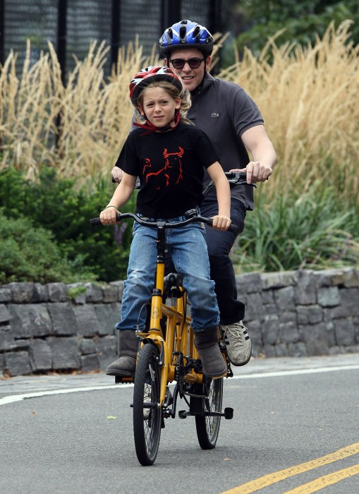 Mathew Broderick enjoyed a tandem bike ride with his son James Broderick around the city in the West Village area of New York City, New York on September 3, 2012.