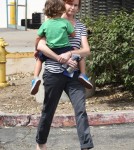 Tobey Maguire and his family stopped by the market in Malibu, California on September 3, 2012. His daughter Ruby held his hand as they walked in front of the nanny and son Otis.