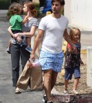 Tobey Maguire and his family stopped by the market in Malibu, California on September 3, 2012. His daughter Ruby held his hand as they walked in front of the nanny and son Otis.
