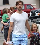 Tobey Maguire and his family stopped by the market in Malibu, California on September 3, 2012. His daughter Ruby held his hand as they walked in front of the nanny and son Otis.