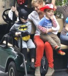 Amy Poehler takes her sons Archie and Abel to a costume party in Beverly Hills, California on October 20, 2012. Archie was dressed up as Batman and Abel was a fireman