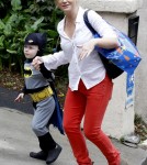 Amy Poehler takes her sons Archie and Abel to a costume party in Beverly Hills, California on October 20, 2012. Archie was dressed up as Batman and Abel was a fireman