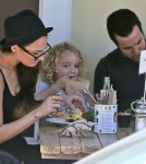 Pete Wentz and his girlfriend Meagan Camper take his son Bronx out for lunch at Sweet Butter in Sherman Oaks, California on October 4, 2012.
