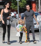 Pete Wentz and his girlfriend Meagan Camper take his son Bronx out for lunch at Sweet Butter in Sherman Oaks, California on October 4, 2012.
