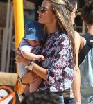 Alessandra Ambrosio and her fiance Jamie Mazur take their children Anja and Noah to the Mr. Bones Pumpkin Patch in West Hollywood, California on October 14, 2012.