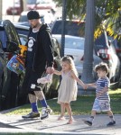 Good Charlotte singer Joel Madden tackles daddy duties as he walks his daughter Harlow and son Sparrow to school on October 15, 2012 in Los Angeles, California.
