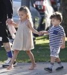Good Charlotte singer Joel Madden tackles daddy duties as he walks his daughter Harlow and son Sparrow to school on October 15, 2012 in Los Angeles, California.