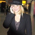 Shakira flies into Heathrow Airport to watch her boyfriend, Barcelona footballer Pique play against Chelsea on April 17, 2012 in London, UK.