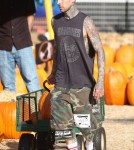 'Blink 182' drummer Travis Barker takes his kids Alabama and Landon to the Mr. Bones pumpkin patch in West Hollywood, CA on October 18, 2012.