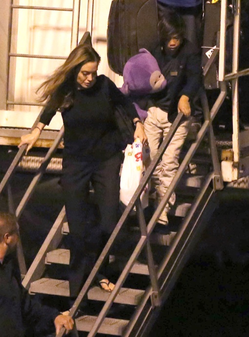 Angelina Jolie & Son Pax Arriving On A Flight At LAX