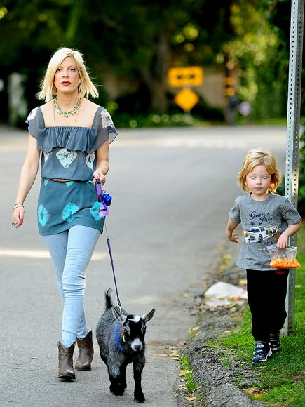 Tori Spelling and Her Son Liam Walking their Pet Goat