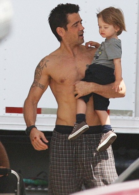 Colin Farell and Son Henry on the set of Total Recall