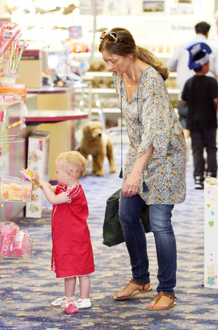 Pregnant Rebecca Gayheart takes baby Billie shopping for toys in Los Angeles, CA on July 29, 2011.