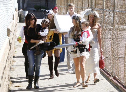 Sandra Bullock dressed up her baby boy, Louis, for a pirate-themed birthday party in Brentwood, California on October 9, 2011.