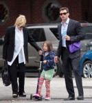 Hugh Jackman joined his wife Deborra-Lee Furness during her morning stroll to school with their daughter Ava on October 12, 2011 in New York City,