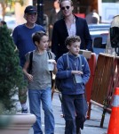 Paul Bettany walks in Tribeca with his two boys and a friend.