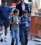Paul Bettany walks in Tribeca with his two boys and a friend.