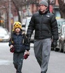 Matthew Broderick taking his son James to school on a cold morning in New York CIty