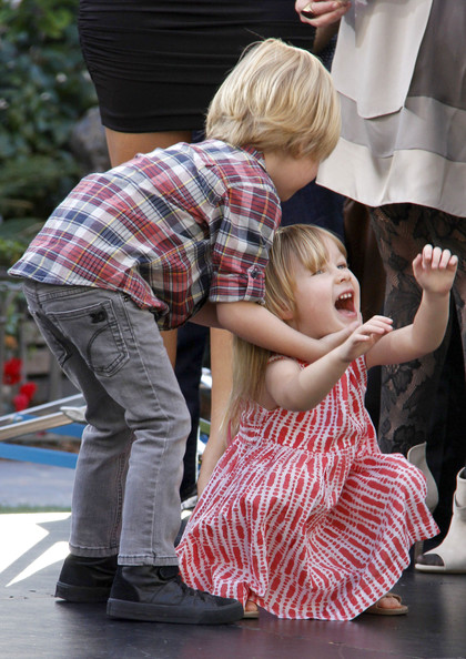 Tori Spelling and her family are interviewed on “Extra” at The Grove on January 25, 2012 in Los Angeles, CA.