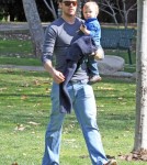 Hayes MacArthur, husband of actress Ali Larter, enjoyed a day at the park with his son Theodore on February 19, 2012.